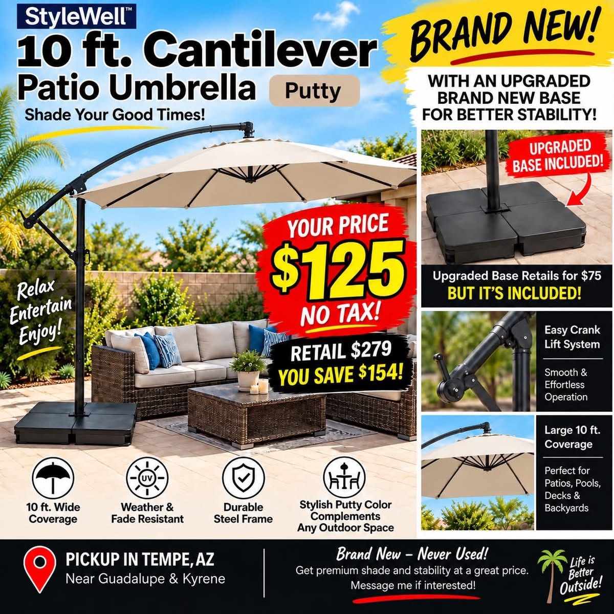 StyleWell 10ft Cantilever Patio Umbrella with Base